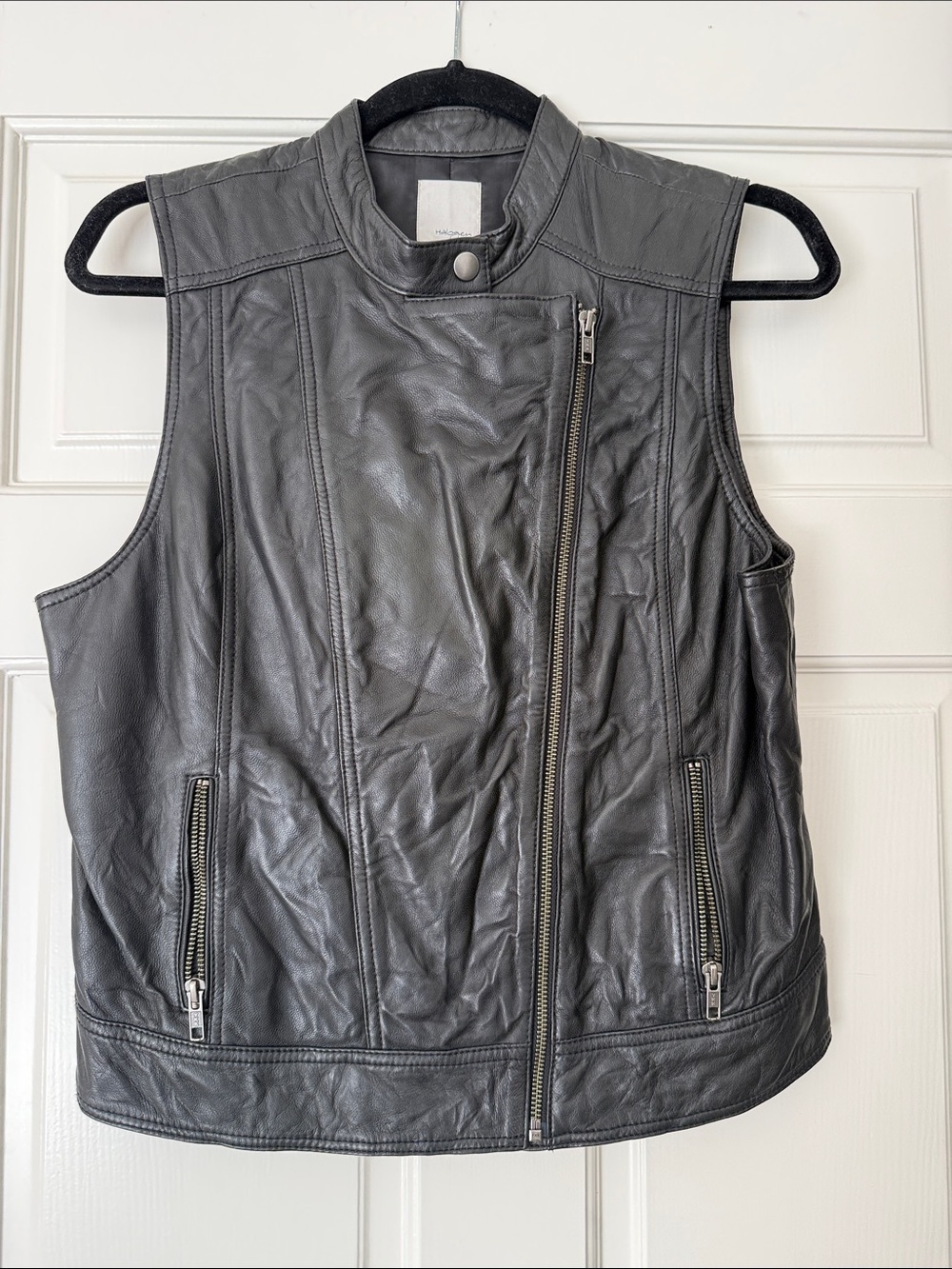 Women’s Black Leather Asymmetrical Zip Vest